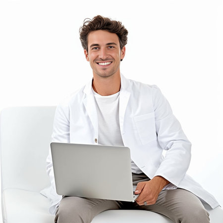 Cheerful doctor with laptop Confident mature doctor working on laptop while standing against grey background : Generative AIの素材