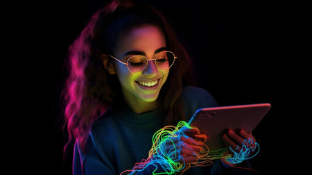 Beautiful young woman in futuristic glasses using digital tablet against colorful background : Generative AIの素材