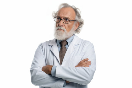 Bad medical results Mature male doctor looking at clipboard and looking confused while standing against grey background : Generative AIの素材