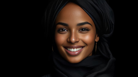 Bright look Cropped picture of a beautiful African woman wearing a headscarf and smiling while looking at camera and standing against black background : Generative AIの素材