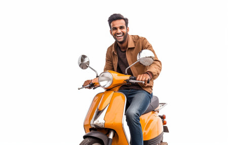 Catch him if you can Handsome young man driving drawn motorcycle against white background : Generative AIの素材