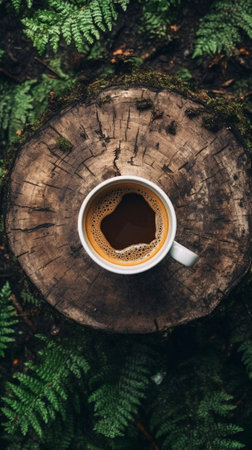 Coffee break Closeup top view of coffee cup on green moss background : Generative AIの素材