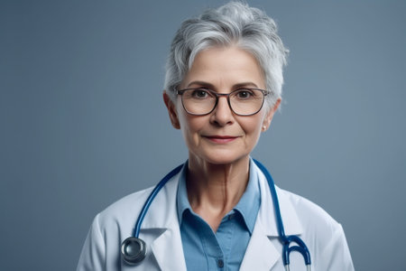 Confidence and experience Closeup of mature grey hair doctor keeping arms crossed and holding eyeglasses while standing against grey background : Generative AIの素材