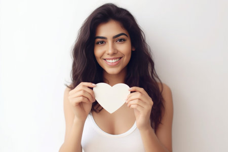 Card from sweetheart Beautiful young Asian woman holding valentine card and smiling while standing against grey background : Generative AIの素材