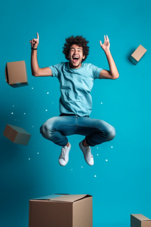 Collage of happy young man jumping against blue backgrounds : Generative AIの素材