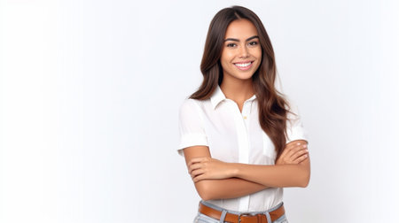Confident beauty Beautiful young woman looking at camera and keeping arms crossed while standing isolated on white : Generative AIの素材