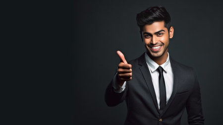 Businessman pointing copy space Happy young man in shirt and tie looking at camera and smiling while standing against grey background and pointing copy space : Generative AIの素材