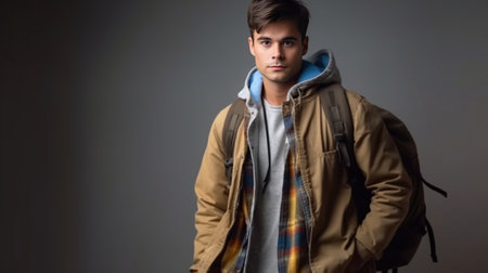 Charming young man carrying jacket on shoulder while standing against grey background : Generative AIの素材
