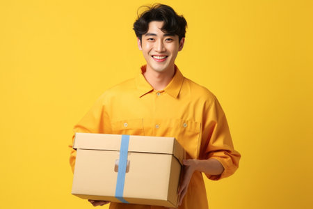 Cheerful young man in apron carrying wooden crate with fresh veggies against yellow background : Generative AIの素材