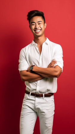 Charming young man in casual clothing looking at camera and smiling while standing against red background : Generative AIの素材