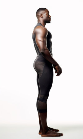 Concentrated young African man in sports clothing doing stretching exercise at home : Generative AIの素材
