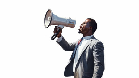 Can you hear me now Furious young African man in formalwear shouting at megaphone while standing against grey background : Generative AIの素材