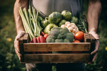 Confident young man in apron carrying wooden crate with fresh veggies against yellow background : Generative AIの素材