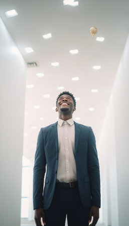 Confident businessman Cheerful young black man in formalwear moving down by staircase and smiling while two people talking on background : Generative AIの素材