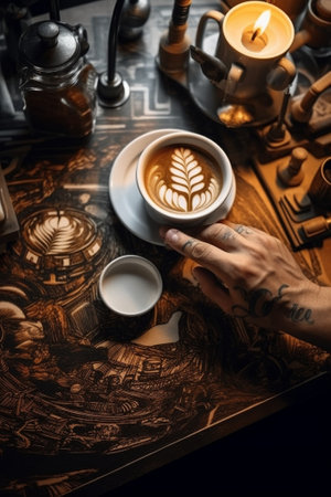 Coffee break Closeup top view of male hands holding cup with coffee while sitting at the wooden desk with different chancellery laying around : Generative AIの素材