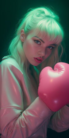 Blonde in boxing gloves Concentrated blond hair woman in pink shirt and boxing gloves looking at camera while standing isolated on white background : Generative AIの素材