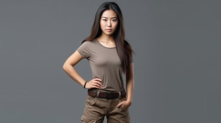 Confident beauty Beautiful young Asian woman looking at camera and holding hands on hips while standing against grey background : Generative AIの素材