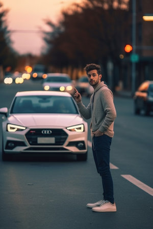 Car breakdown Concentrated young man pushing his car along the road : Generative AIの素材