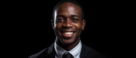 Confident young African man in formalwear looking at camera and smiling while standing against grey background : Generative AIの素材