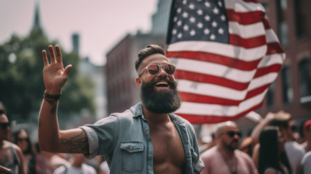 Confident and looking cool Handsome young bearded man in sunglasses keeping arms crossed and looking at camera while standing against American flag : Generative AIの素材