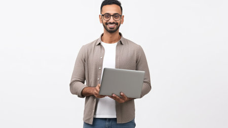 Confident businessman Confident young handsome man in shirt and tie carrying laptop and looking at camera with smile while standing against white background : Generative AIの素材