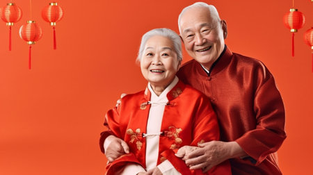 Beautiful senior couple embracing and smiling while standing together against orange background : Generative AIの素材
