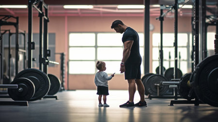 As strong as my father Happy father and son exercising with dumbbells and looking at camera while both standing in health club : Generative AIの素材