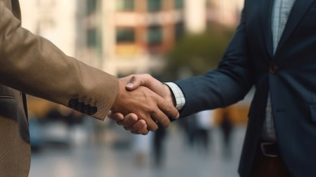 Business handshake Two cheerful business men shaking hands while standing outdoors : Generative AIの素材