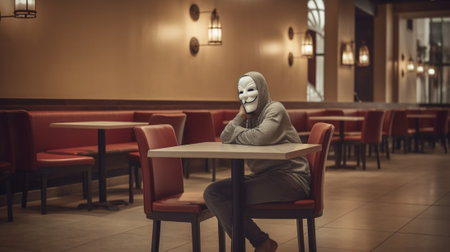 Busy man in protective face shield cleaning table in restaurant : Generative AIの素材