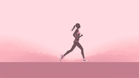 Beautiful woman in sports clothing carrying an exercise mat while running against pink background : Generative AIの素材
