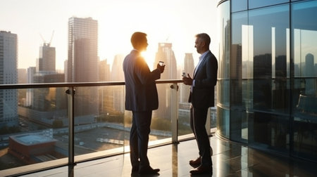Business communication Two confident business men talking and gesturing while standing outdoors : Generative AIの素材