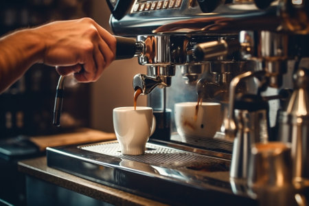 Coffee maker Closeup image of metal espresso machine with someone working in the background : Generative AIの素材