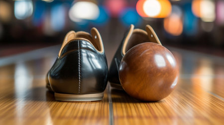 Bowling equipment Closeup of bowling shoes blue ball and pin lying on bowling alley : Generative AIの素材