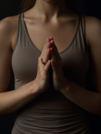 Attractive young woman keeping hands clasped while standing against grey background : Generative AIの素材