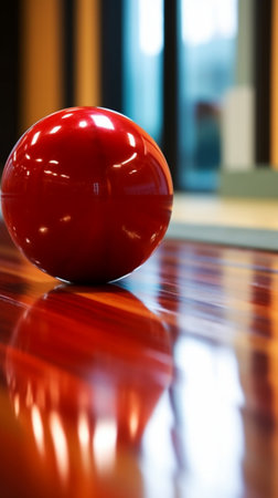 Bowling in details Closeup of red bowling ball lying against pins staying on bowling alley : Generative AIの素材