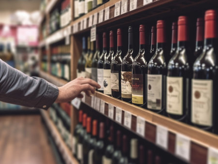 Choosing wine for his dinner Low angle view of confident young man pushing shopping cart while walking across wine store : Generative AIの素材