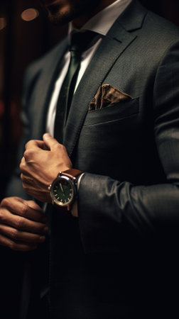 Always in time Close up of young man in full suit checking the time while standing in front of the mirror indoors : Generative AIの素材