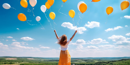Balloon fun Rear view of happy young woman holding colorful balloons and jumping outdoors : Generative AIの素材