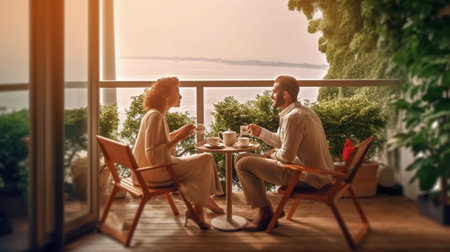 Beautiful loving couple bonding while spending time on the house terrace together : Generative AIの素材