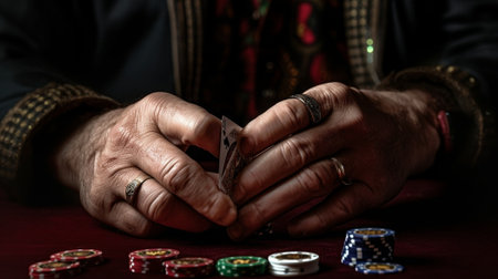 Confident in his luck Closeup of senior man in shirt and suspenders throwing his gambling chips at the poker table : Generative AIの素材