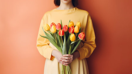 Attractive young woman holding bunch of yellow tulips against blue background : Generative AIの素材
