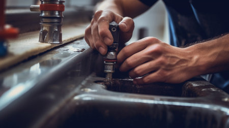 Closeup of handyman preparing tools to repair kitchen sink : Generative AIの素材