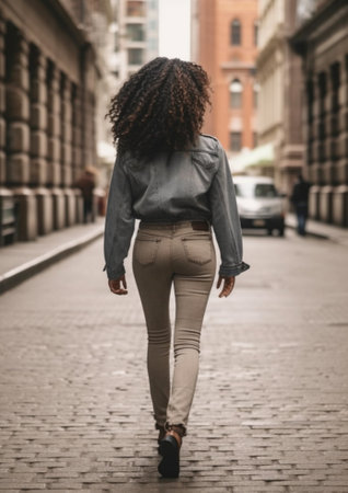 City girl Full length rear view of young woman looking over her shoulder while walking down the street : Generative AIの素材
