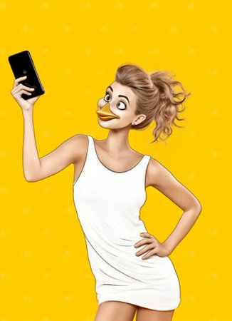 Beautiful young woman using smart phone to take selfie and blowing a kiss : Generative AIの素材