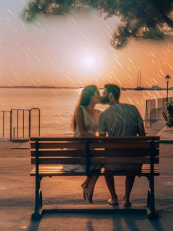 Beautiful young couple embracing and kissing while spending time on the sea view terrace together : Generative AIの素材