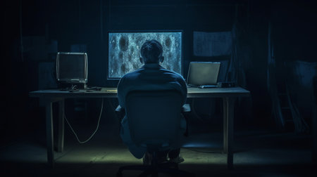 Computer spy Side view of young man typing and looking at computer monitor while sitting at the table in dark room : Generative AIの素材