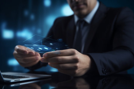 Closeup of handsome young smiling man in full suit making a contactless payment : Generative AIの素材