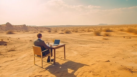 Businessman in desert Confident young man in formalwear working on laptop while sitting on sand in desert : Generative AIの素材