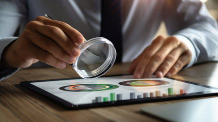 Businessman examining diagram Closeup of man holding paper with diagram on it while sitting his working place : Generative AIの素材