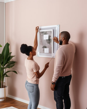 Beautiful young African couple enjoying their hobbies while spending time at home : Generative AIの素材